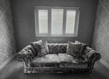 grey living room shutters